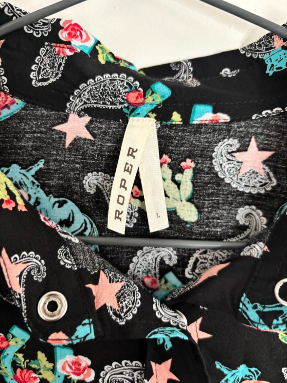 Roper Black Western Cactus Star Paisley Novelty Print Snap Button Collar Shirt - Picture 7 of 7